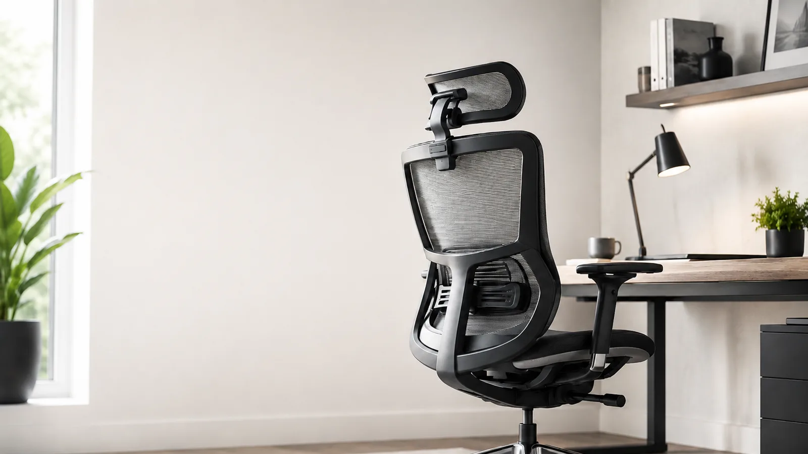 Ergonomiczny fotel z siatkowym oparciem i regulowanym podparciem lędźwiowym w domowym biurze.