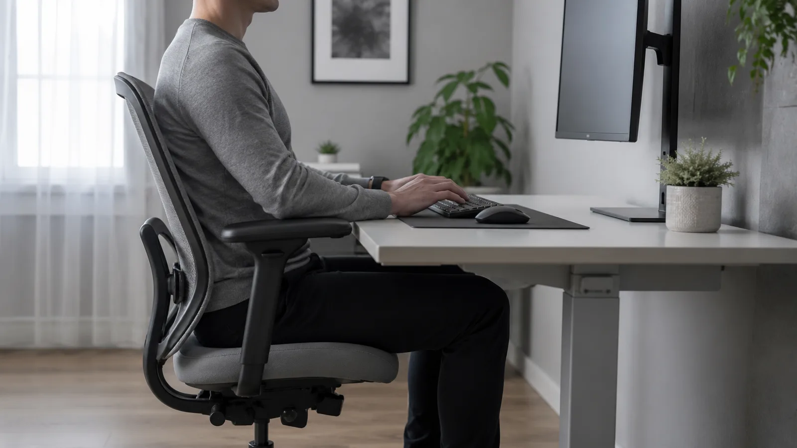 Ergonomiczne stanowisko pracy — biurko, monitor i fotel ustawione na właściwej wysokości.
